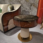 Round Natural Stone Sofa Side Table with Wood Veneer Drum, Upholstered Pedestal and Gold Stainless Steel Base